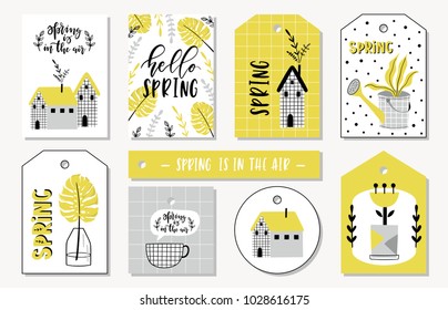 Set of Spring cards, tags, labels with plants, quotes, calligraphy, flowers, leaf. Vector illustration.
