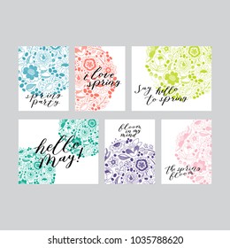 Set of Spring cards, tags, labels with plants, quotes, calligraphy, flowers, leaf. Hand sketched lettering typography. Vector illustration.
