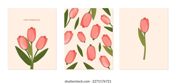 Juego de tarjetas de resorte con tulipanes. Postales para el Día de la Mujer. Gráficos vectoriales