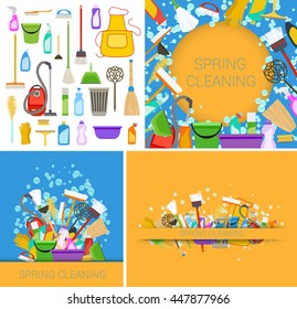 set of spring cleaning supplies blue and yellow backgrounds. vector