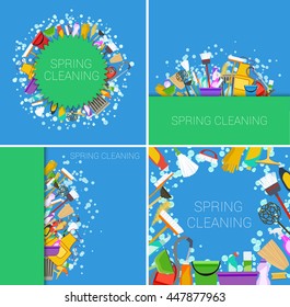 set of spring cleaning supplies green and blue backgrounds. vector