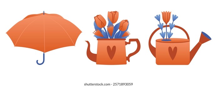 Set of spring clip arts. Cute vector illustrations with teapot full of tulips, watering can with spring flowers, umbrella. Garden equipment, hand drawn elements for spring cards, banners, stickers.