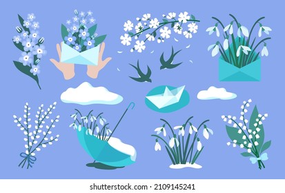 A set of spring cliparts from snowdrops, violets, willow, swallows, umbrella. Vector.