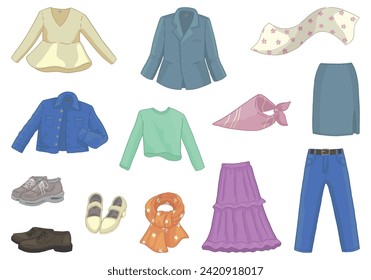 Set of spring clothes. Doodles of apparel, shoes, accessories. Cartoon vector illustrations collection isolated on white.