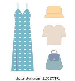 A set of spring clothes with a sundress, t-shirt, panama and bag. vector illustration