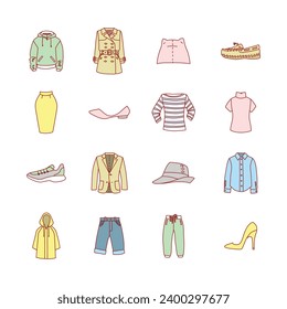 Set of spring clothing icons. etc. Trench, jacket, blazer, hoodie, hat, shoes, sneakers etc.  Vector 10 EPS.