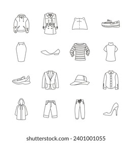 Set of spring clothing icons. etc. Trench, jacket, blazer, hoodie, hat, shoes, sneakers etc.  Vector 10 EPS.