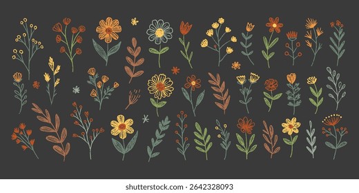 Set of Spring color chalk botanical elements. Crayon flowers and herbs of Different Colors on Chalkboard. Realistic Chalk Drawings. Vector illustration isolated on dark background.