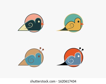 set of spring colored icons, logos of birds and snails in vector