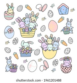 Set of spring colored stickers with Easter eggs, cute rabbits, flowers, carrot, bird feeder. Bright holiday symbols on a white background vector graphic illustration.