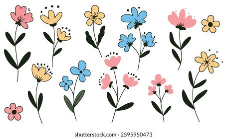 Set of spring colorful floral elements. Set of floral wild flowers, branches leaves, foliage on white background. Vector illustration.