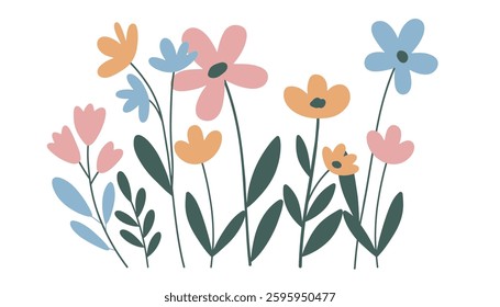 Set of spring colorful floral elements. Set of floral wild flowers, branches leaves, foliage on white background. Vector illustration.