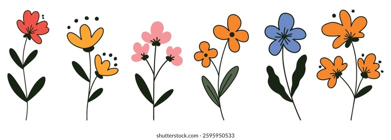 Set of spring colorful floral elements. Set of floral wild flowers, branches leaves, foliage on white background. Vector illustration.