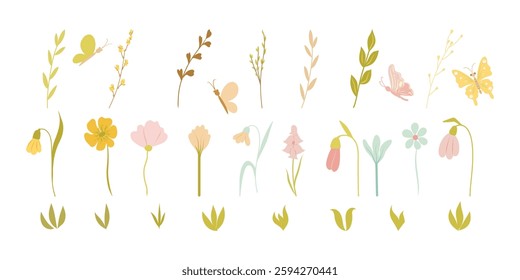 Set of spring colorful flower elements vector. Floral collection of wildflower, leaf branch, foliage. Hand drawn blossom illustration for decor, easter, sticker, clipart, print.