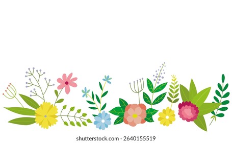 Set of spring colorful flower elements vector. Floral collection of boarder of wildflower, leaf branch, foliage on white background. Hand drawn blossom illustration for decor, easter, sticker, clipart