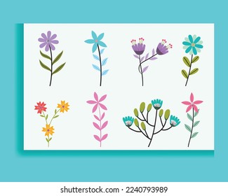Set of spring colorful flowers. Set of floral branches. Isolated on white for greeting cards, Easter, and thanksgiving. Spring set, hand-drawn elements.