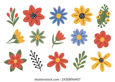 Set of spring colorful flowers. Set of floral branch. Isolated