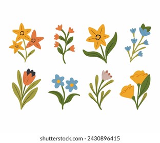 Set of spring colorful flowers. Set of floral branch. Isolated
