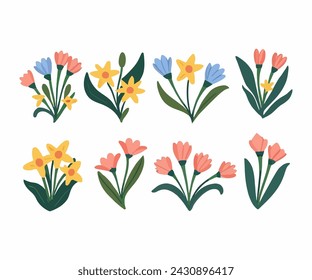 Set of spring colorful flowers. Set of floral branch. Isolated
