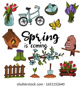 Set spring is coming. Collection of cute birds and insects, blooming flowers and floral decorations, bicycle isolated on white background. Bright colored isolated vector illustration 