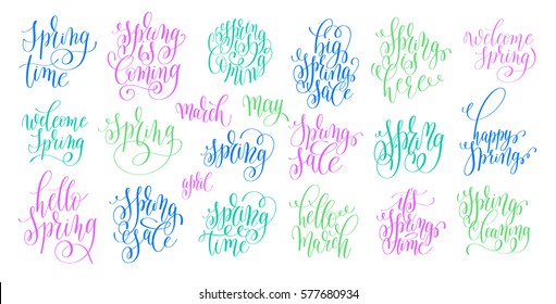 set of spring coming hand written lettering inscription, calligraphy vector illustration collection isolated on white background