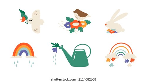 Set of spring compositions. Rainbow with flowers, Bird, Easter bunny, garden watering can. Spring illustrations with flowers. All elements are isolated on a white background.