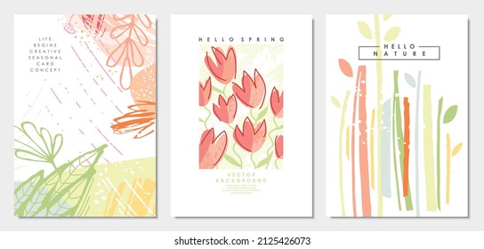 Set of spring covers and backgrounds. Floral seasonal banners, templates, backdrops, placards, cards and posters. Vector illustration with abstract nature landscapes and flowers.