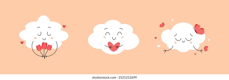 Set of spring cute clouds with tulips, butterflies and heart. Vector illustration