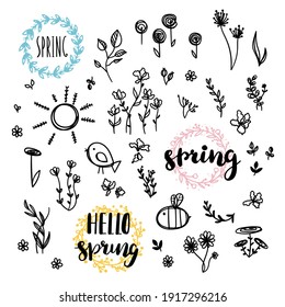 A set of spring decorative elements. Template with flowers and leaves for plant ornaments. Spring text in a round frame