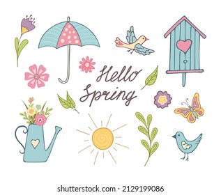 Set of spring design elements - birds, flowers, leaves, watering can isolated on white background. Perfect for seasonal greetings. Vector illustration.