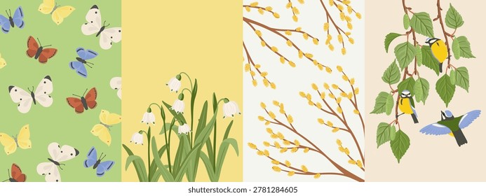 set of spring designs, floral posters, greeting cards , vector collection of templates with drawing flowering willow tree and blue tit birds at birch , butterflies and snowflakes flowers, hand drawn botanical illustration