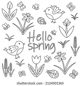 Set of spring doodle illustrations coloring book