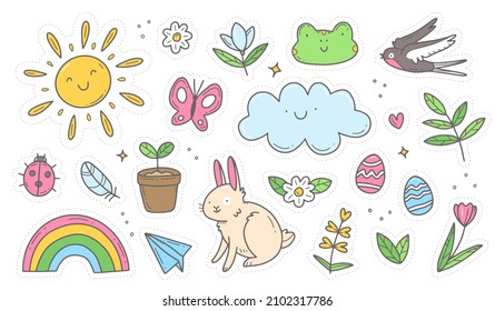 Set of spring doodle stickers. Set of spring cliparts, easter elements. Vector isolated illustration.
