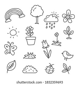 Set of spring doodle vector illustration such as flowers, leaf, butterfly sun and more 