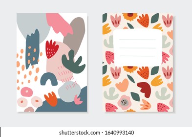 Set of spring, Easter artistic greeting cards, invitations. Tulip, daisy flowers, leafs, brush strokes and abstract geometric shapes. Modern minimalist cut out vector drawing, wall art, web banner.