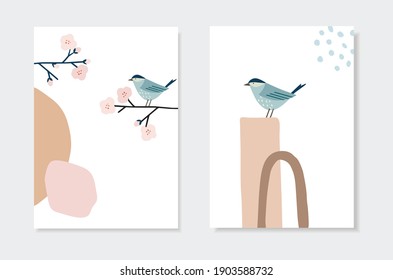 Set of spring, Easter artistic greeting cards, invitations. Bird sitting on blossiominch cherry tree branch. Abstract geometric shapes. Modern minimalist vector drawing, wall art. Poster or web banner