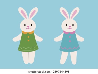Set of spring Easter bunny character wearing clothes.
Cute Easter rabbit.
Flat stock vector illustration.
Good for card,poster, banner, leaflet.