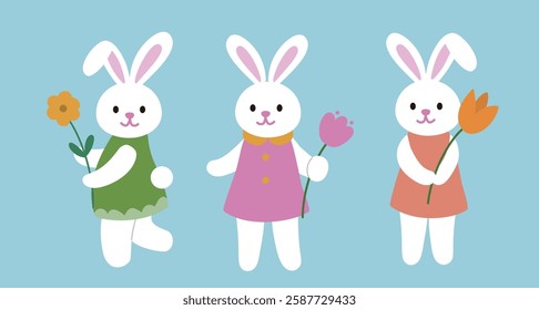 Set of spring Easter bunny holding a flower.
Easter rabbit.
Flat stock vector illustration.
Good for card,poster, banner, leaflet.