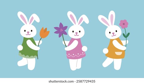 Set of spring Easter bunny holding a flower.
Easter rabbit.
Flat stock vector illustration.
Good for card,poster, banner, leaflet.