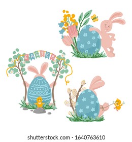 Set of spring easter compositions with rabbit and egg, flowers, grass isolated on a white background. Vector illustration.