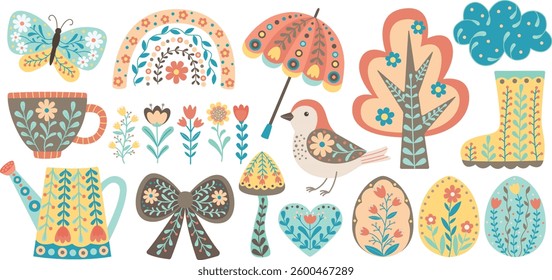 Set of spring and Easter elements in bohemian style. Seasonal decorative illustrations with floral patterns