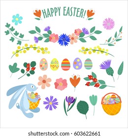 Set of spring and Easter elements. Flowers, painted eggs, Bunny. Happy Easter!