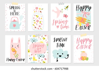 Set of Spring and Easter gift cards and posters with cute cartoon characters, signs and lettering. Easter greetings with bunny, chickens, eggs and flowers. Vector illustration.