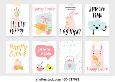 Set of Spring and Easter gift cards and posters with cute cartoon characters, signs and lettering. Easter greetings with bunny, chickens, eggs and flowers. Vector illustration.