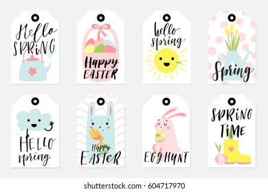 Set of Spring and Easter gift tags and labels with cute cartoon characters, signs and lettering. Easter greetings with bunny, chickens, eggs and flowers collection. Vector illustration.