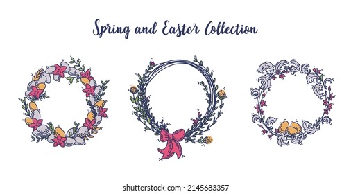 Set of spring Easter wreaths with tree branches, flowers, eggs and feathers in funny cartoony stile and fresh and bright spring colors.