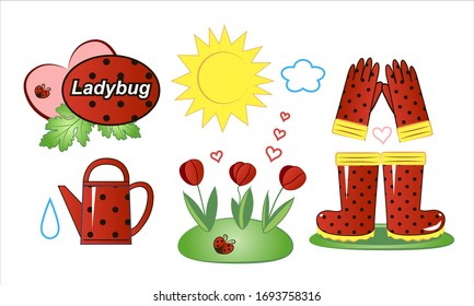 Set of spring elements for baby stickers; collection with ladybug texture; elements red to black dots; watering can, spogi and gloves for the garden for a young lady; the sun over the flowerbed.