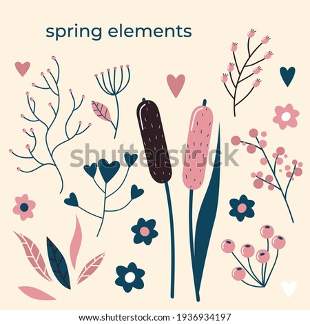 set of spring elements with branches and leaves
