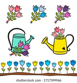 Set of spring elements with cute watering cans and tulips. Hand-drawn cute color garden elements. Vector illustration on the theme of spring, gardening, planting and beds.