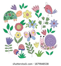 Set of spring elements - flowers, leaves, bird, butterfly, turtle, snail in vector graphics on a white background. For the design of postcards, posters, packaging, prints on textiles, notebook covers.
